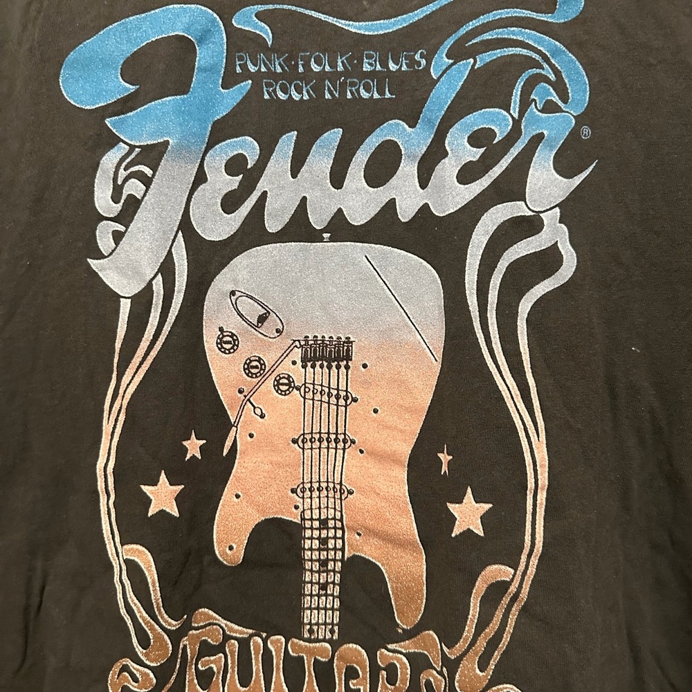 Rock & Roll Fender Black Tee with Blue Faded Artwork Men’s Size 2X-Large/TTG